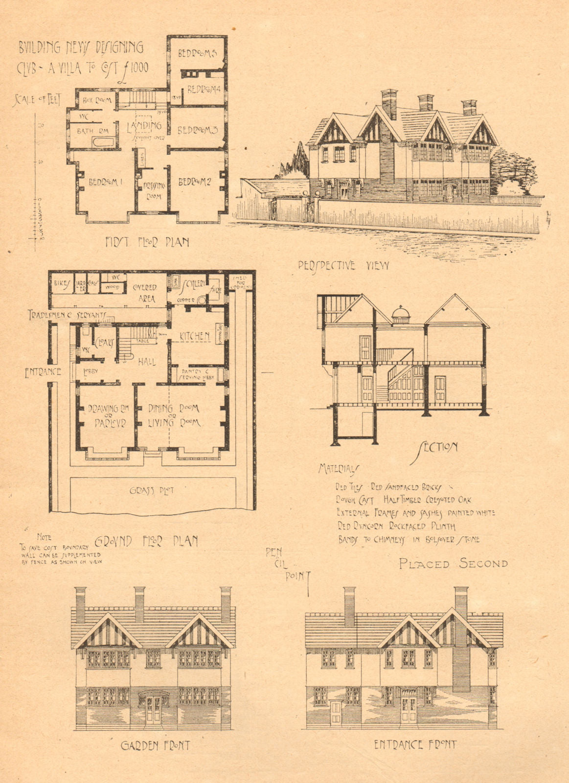 A villa to cost £1000. Perspective view & plan 1901 old antique print picture